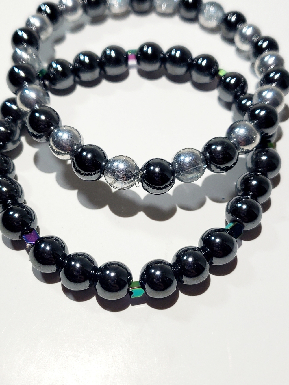 Black and Silver Hematite Beaded Stretch Bracelet Set